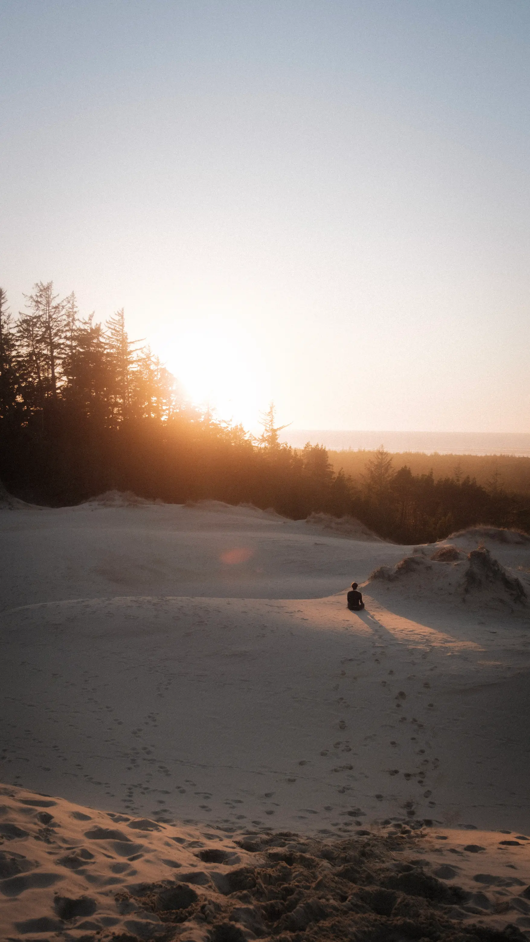 person sitting cross-legged near sand dune at sunset