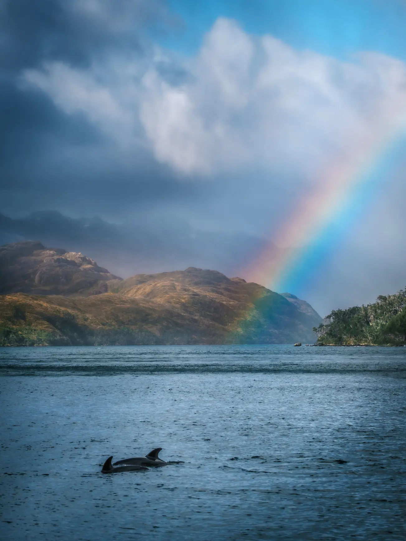 Dolphins pop out of the ocean, with a rainbow and cloudy/sunny skies