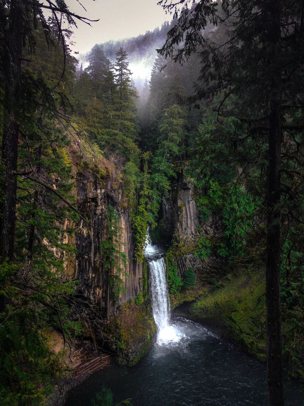 A waterfall as viewed from an observation platform in the pacific northwest