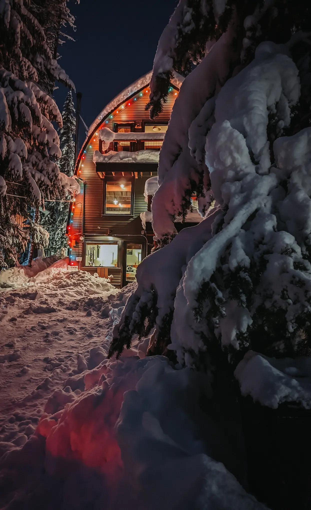 A cabin in the snow decorated with lights